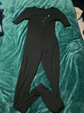 Fashion Nova Black Ribbed Short-Sleeve Button-Front Jumpsuit